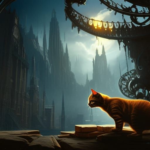 Intricate Black Cat with Golden Eyes in Library