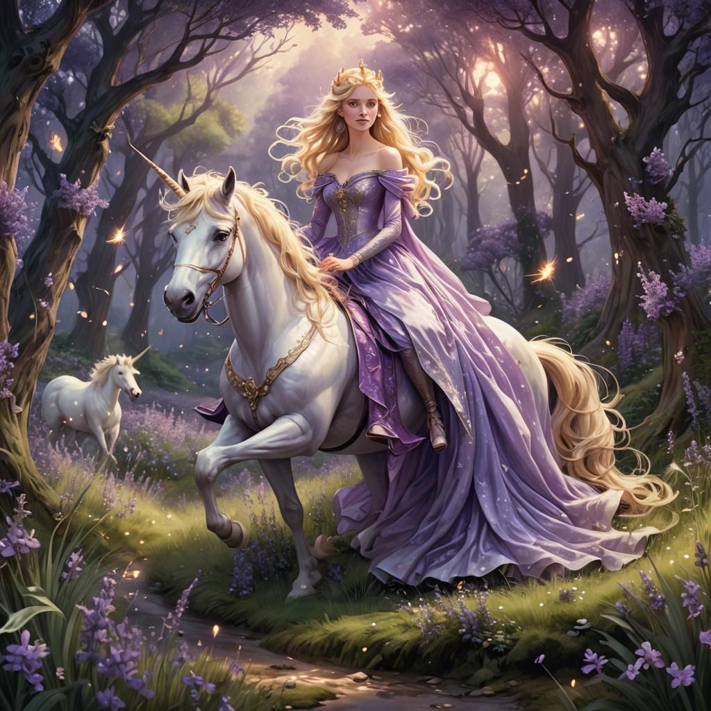 Enchanted Forest: Princess on Unicorn, Golden Age Illustrati...