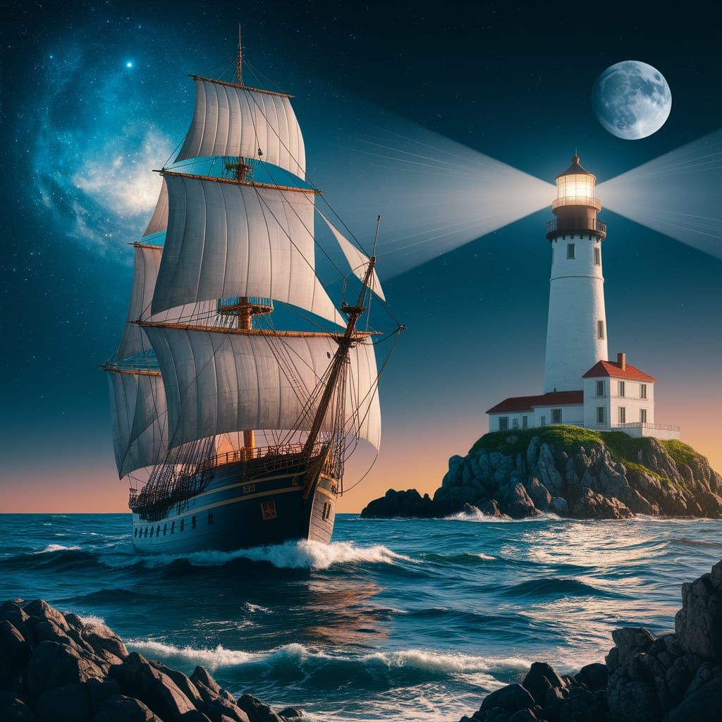 Sailing Ship Under Cosmic Lighthouse