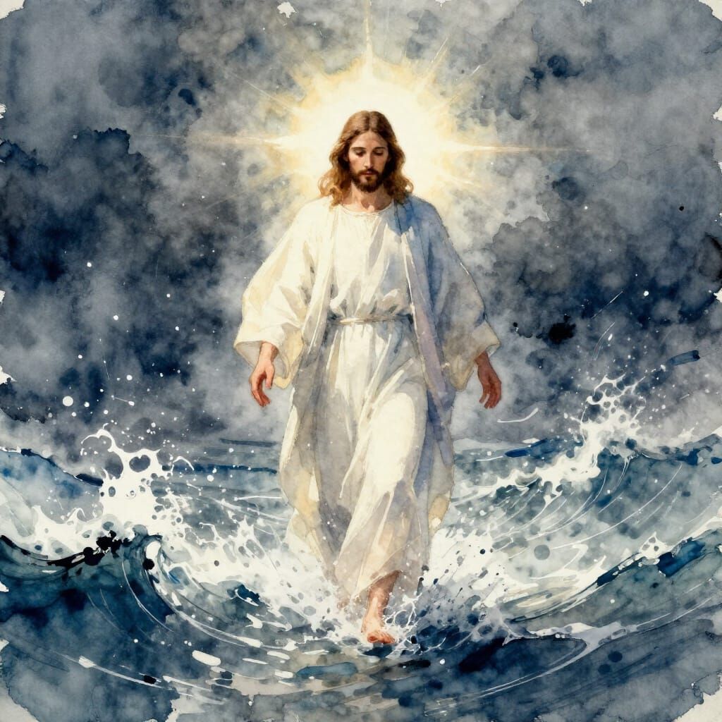 Jesus Walks on Water in Stormy Seas Watercolor