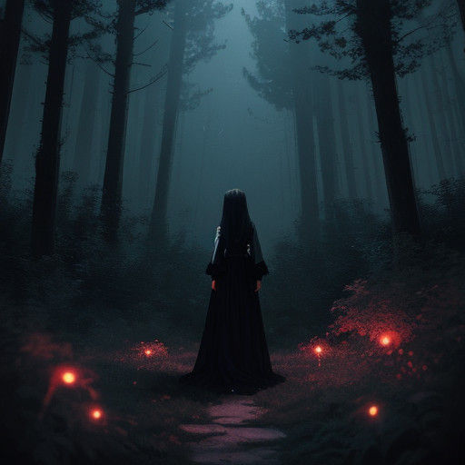 Vampiress Amidst Glowing Fireflies in Misty Forest