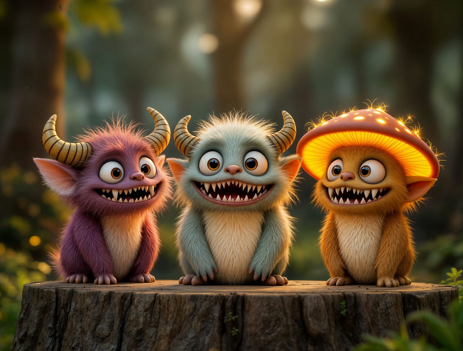 Three Furry Horned Monsters in Misty Forest