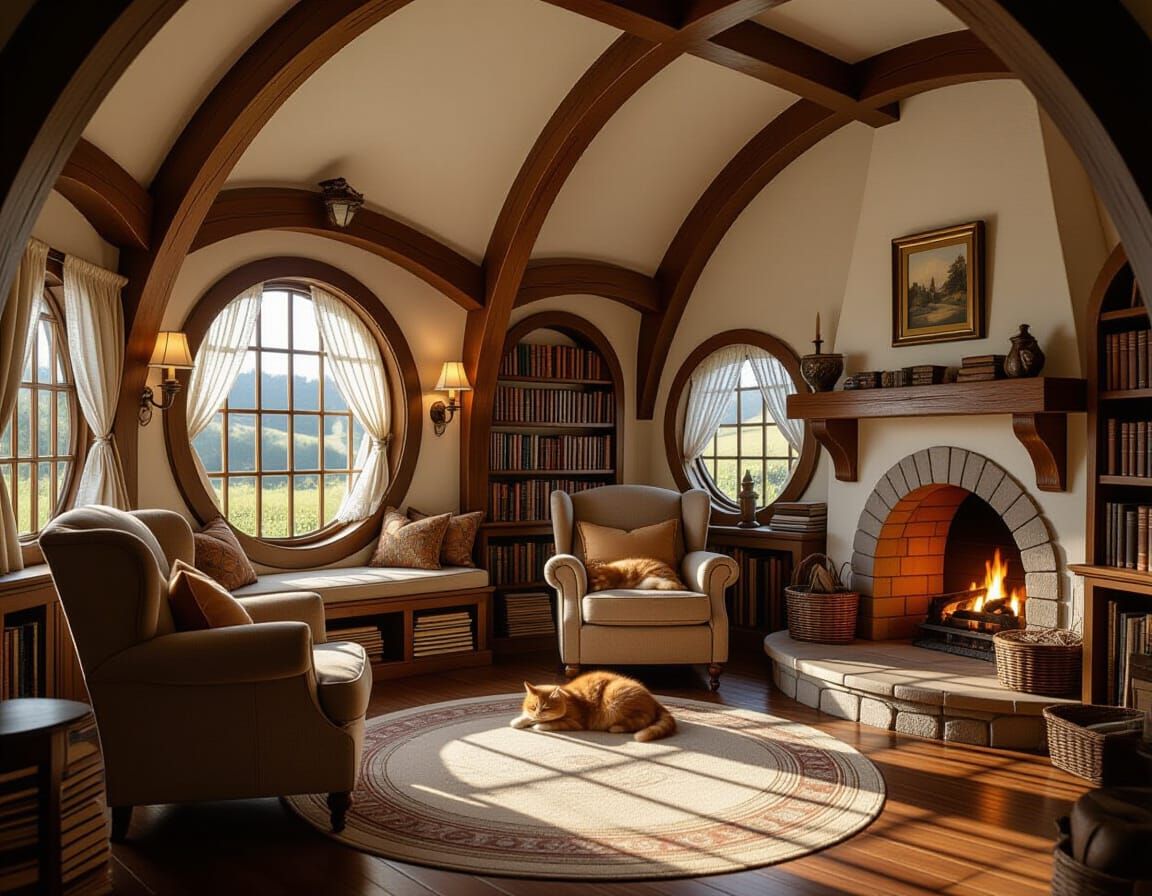 Cozy Hobbit Hole Living Room-Library in Film Style