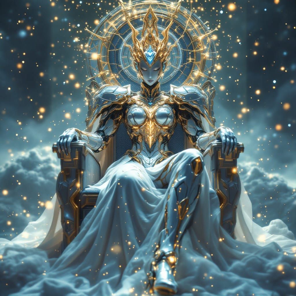 Anime style sovereign mecha empress seated on a throne of floating constellations