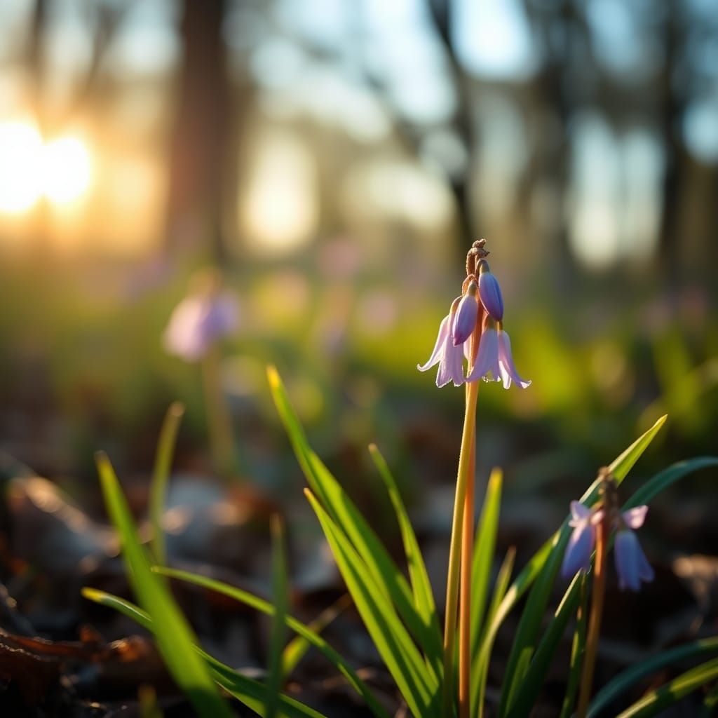 Scilla Flowers in Spring Forest at Dawn