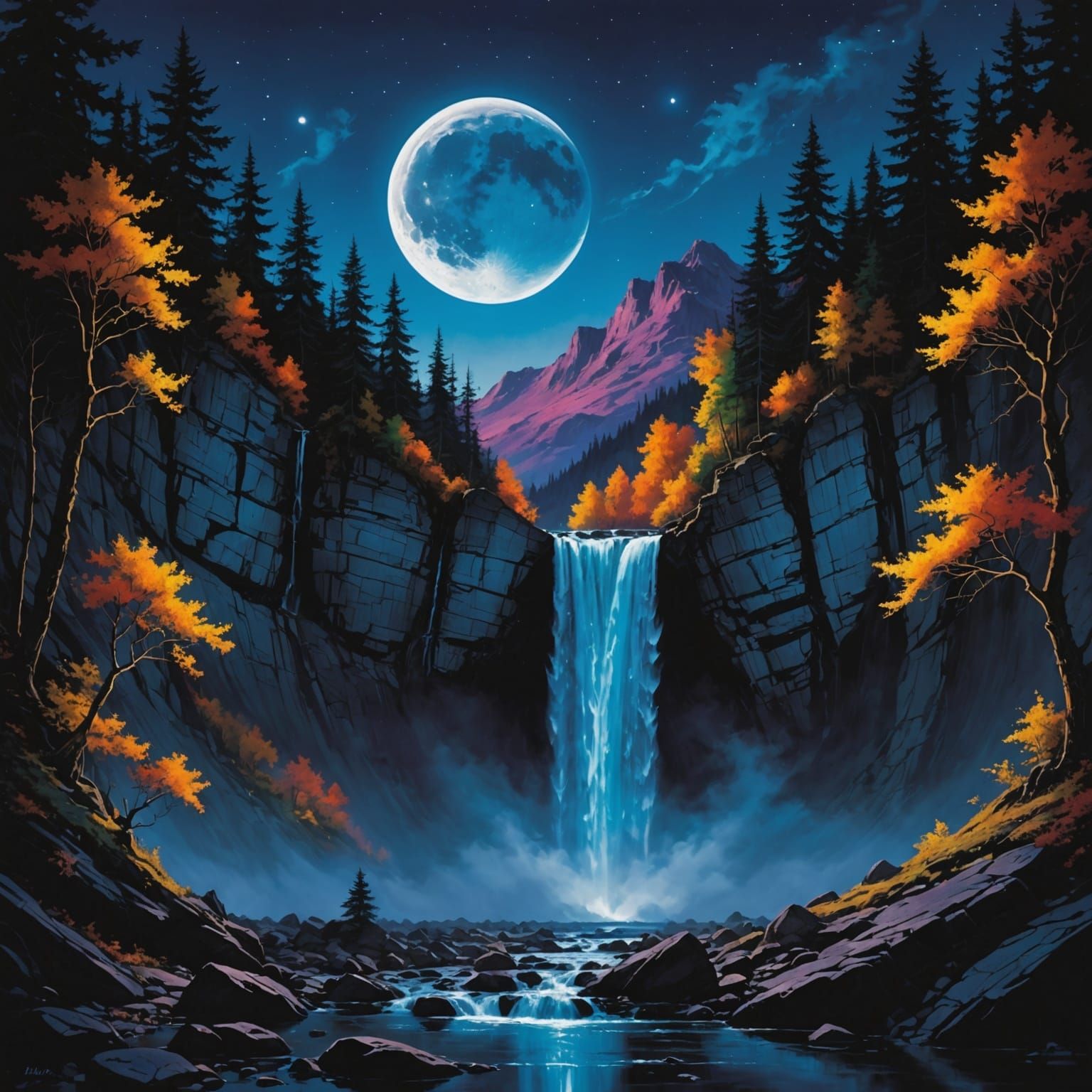 Surreal Moon Waterfall in Vivid Blacklight