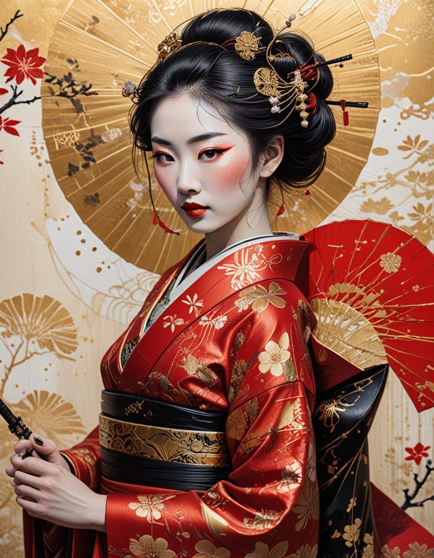 Geisha in Red Kimono: Japanese Ink Painting
