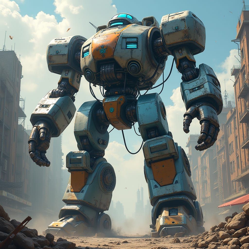 Gigantic Cyberpunk Robot in Neon-Lit Ruins