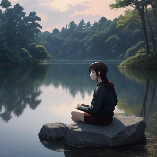 Anime Woman at Lake by Makoto Shinkai