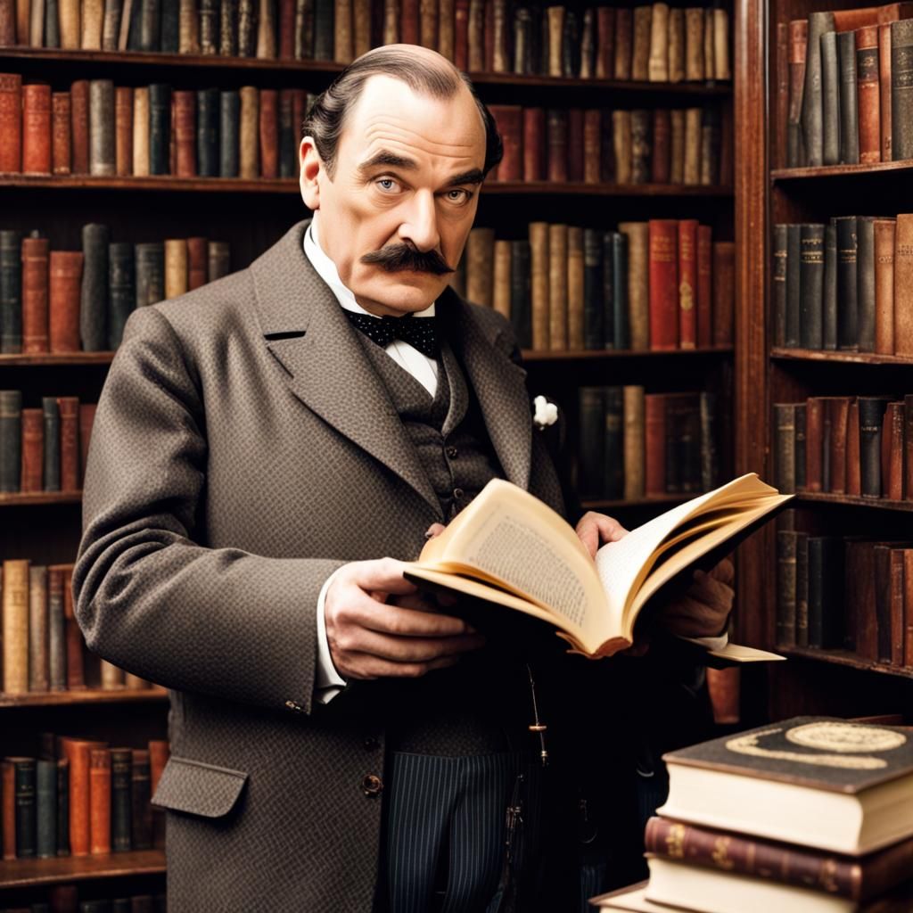 Hercule Poirot reading book in 221B Baker Street place, plenty of books in shelves,