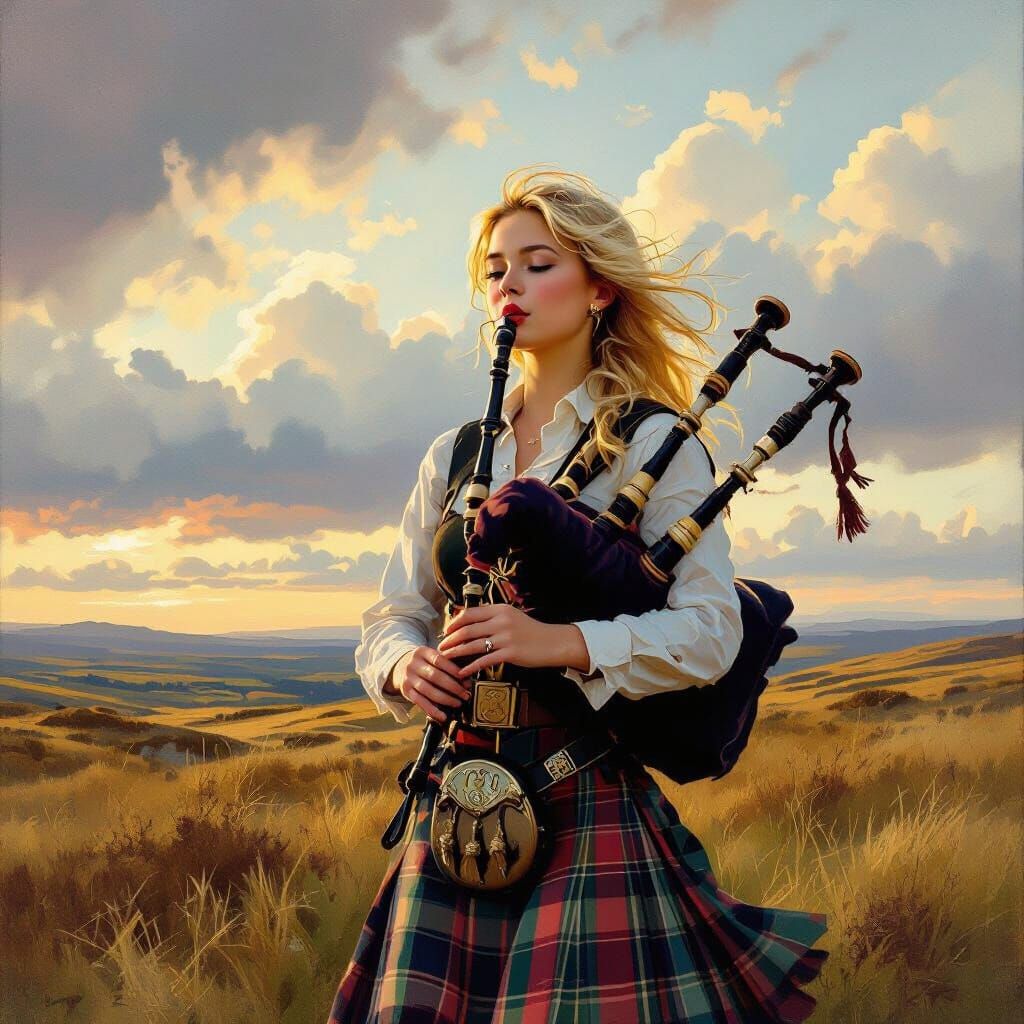 Scottish Piper in Golden Hour Light, Realistic Oil Painting
