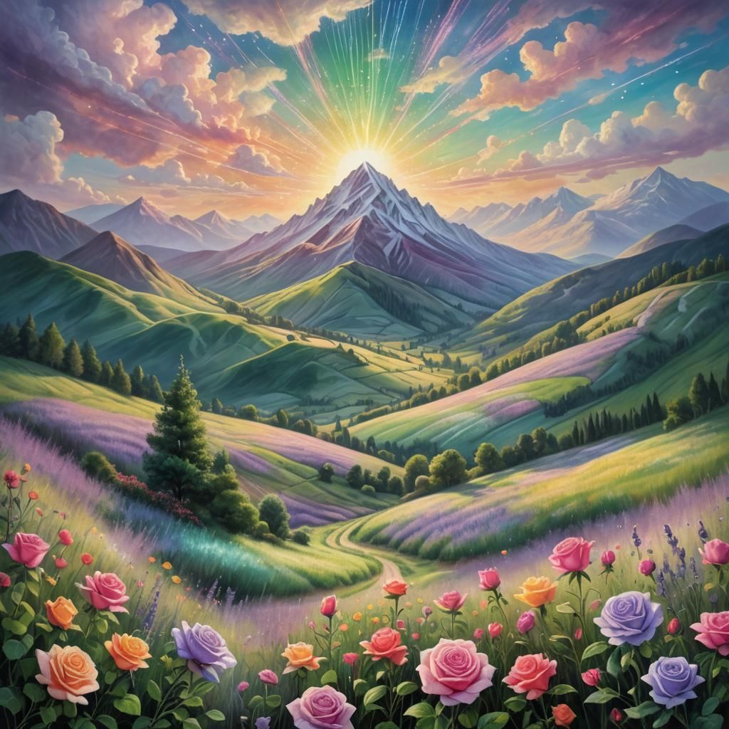 Lush Mountain Landscape Chalk Drawing with Sparks