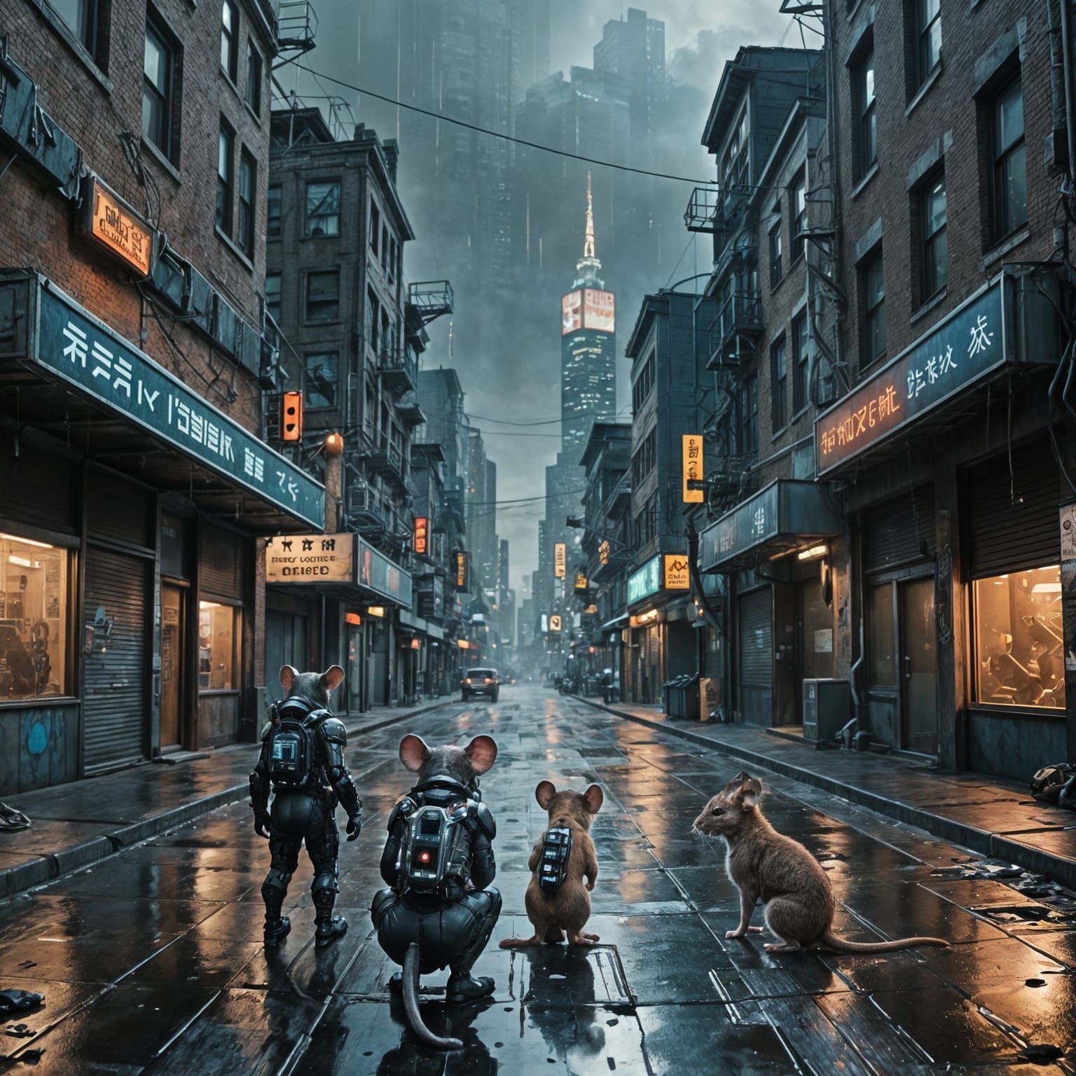 Cyberpunk Cyborg Mice Stand Ready in Desolate Cityscape