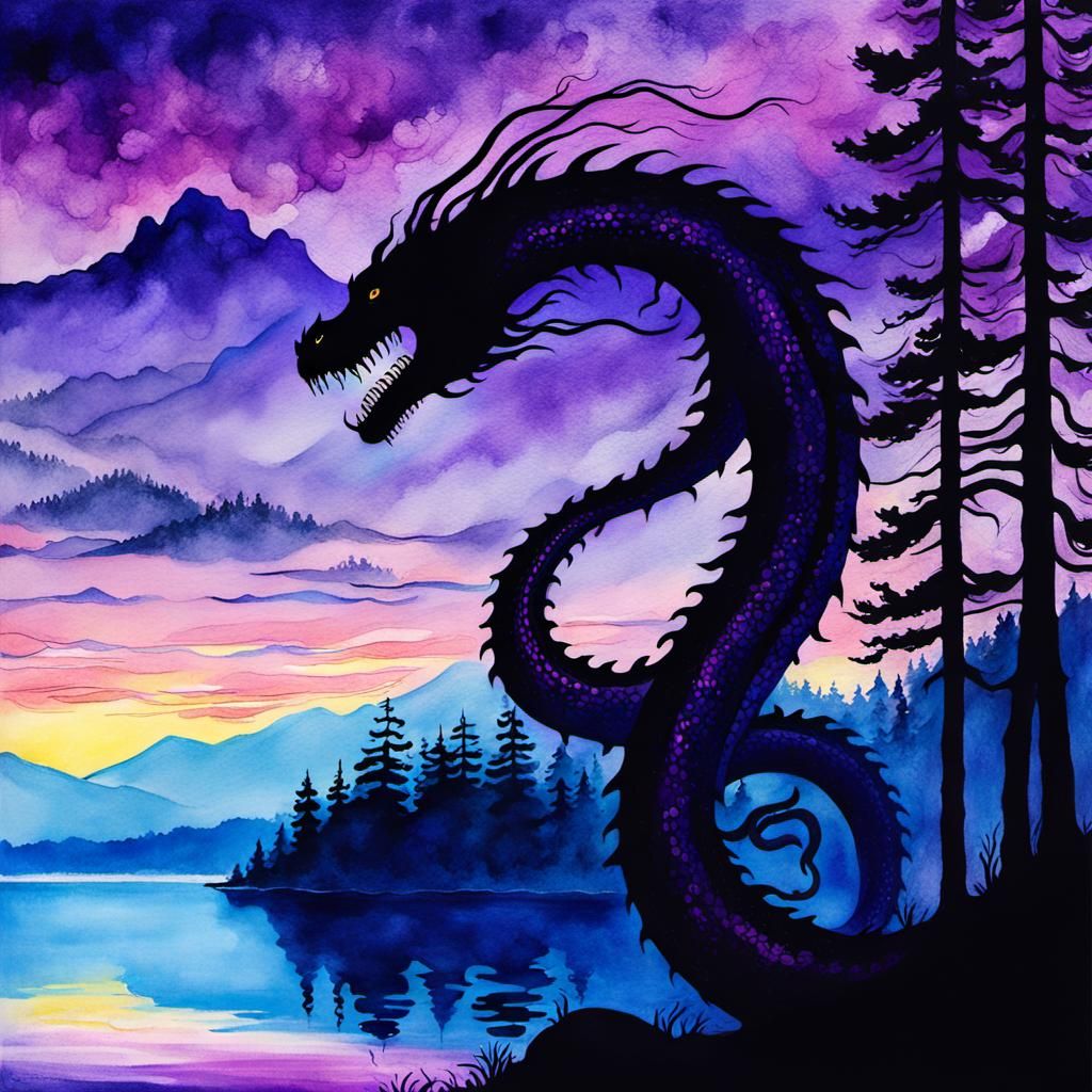 Loch Ness Monster Silhouette at Sunset in Gouache