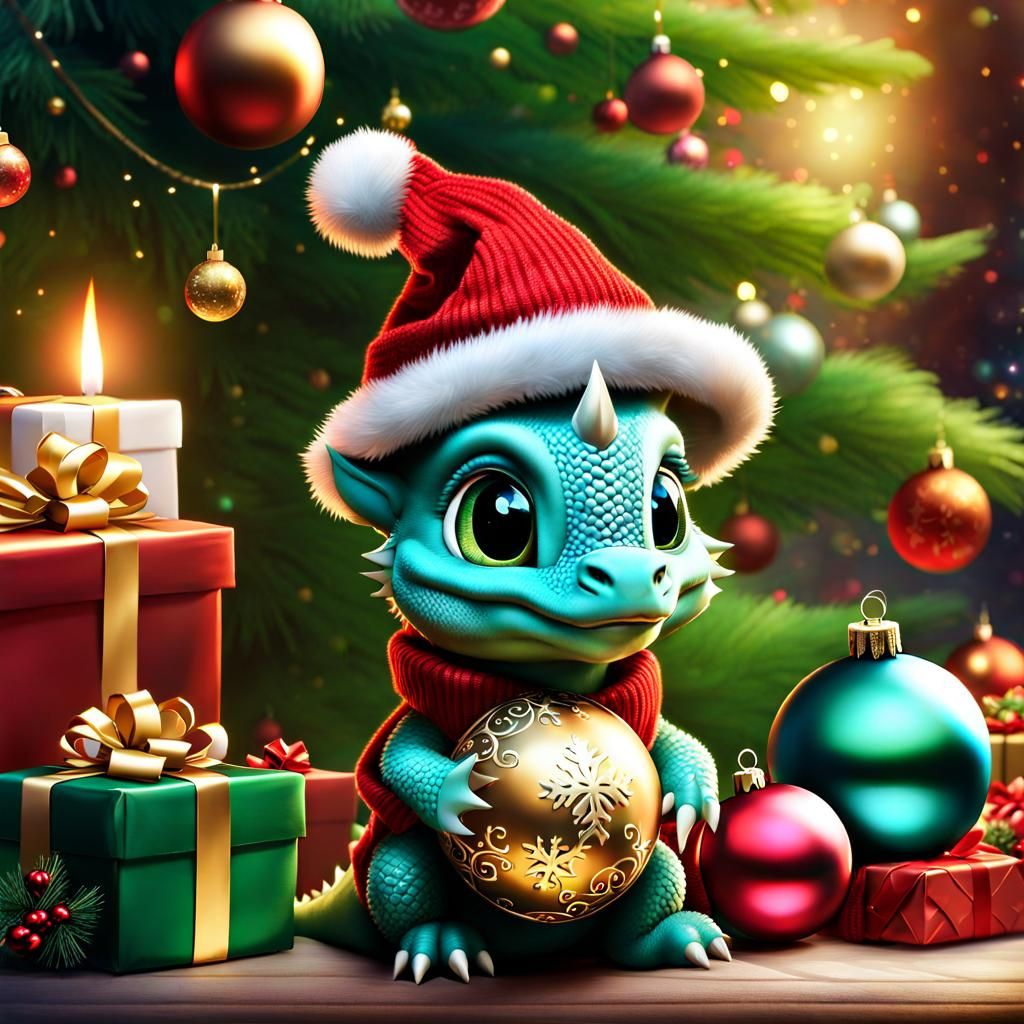 Cute Dragon Celebrating Christmas as Storybook Illustration