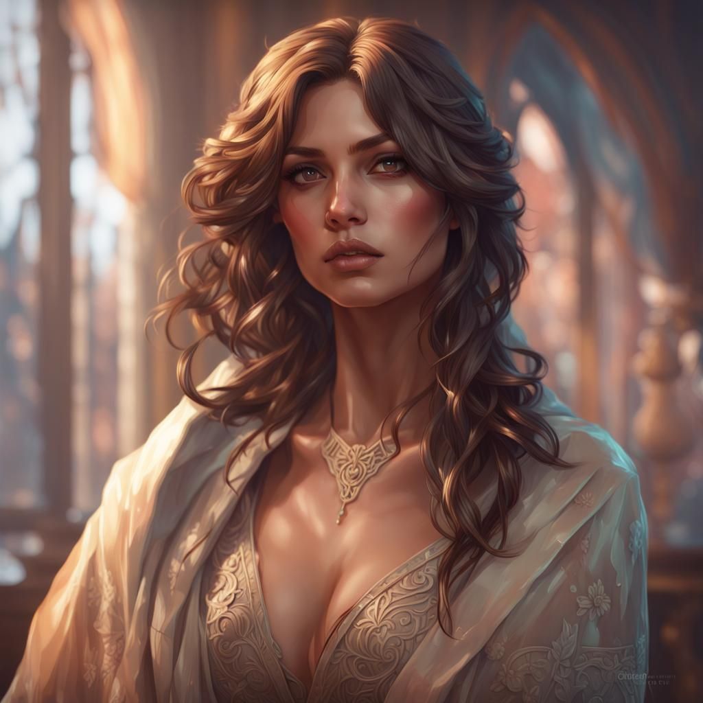 Brunette in Flowing Dress: Hyperdetailed Art Portrait