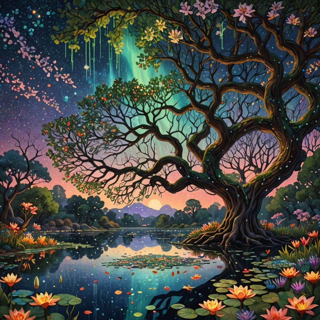 Enchanted Twilight Tree: A Pointillist Fantasy Scene