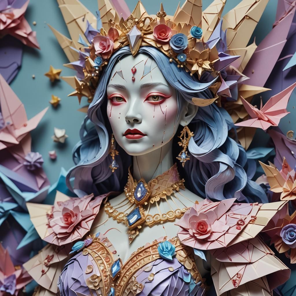 Surreal Origami Sculpture: Bloody Princess with Jewels