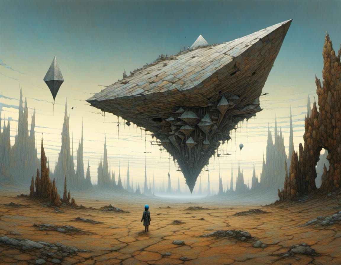 <lora:Aquarius:1.0> Small silver drone shaped like an arrowhead flying at hyper speed through alien ruins on a strange p...