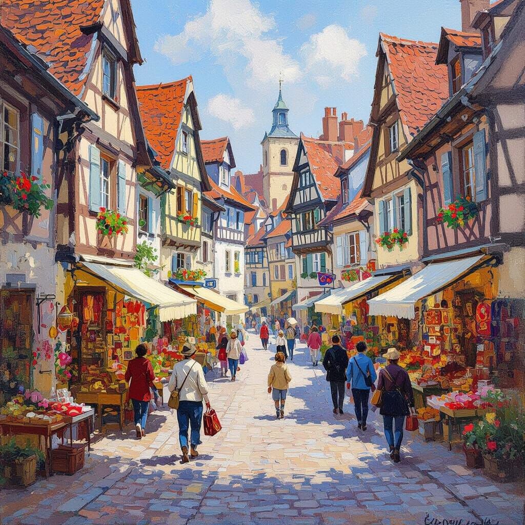Bustling European Marketplace Square Oil Painting