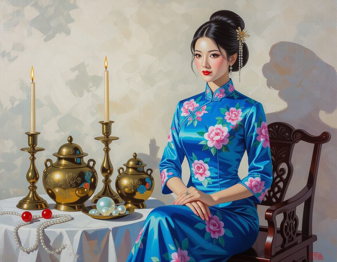 Elegant Still Life in Xiao Feng Style, Oil on Canvas