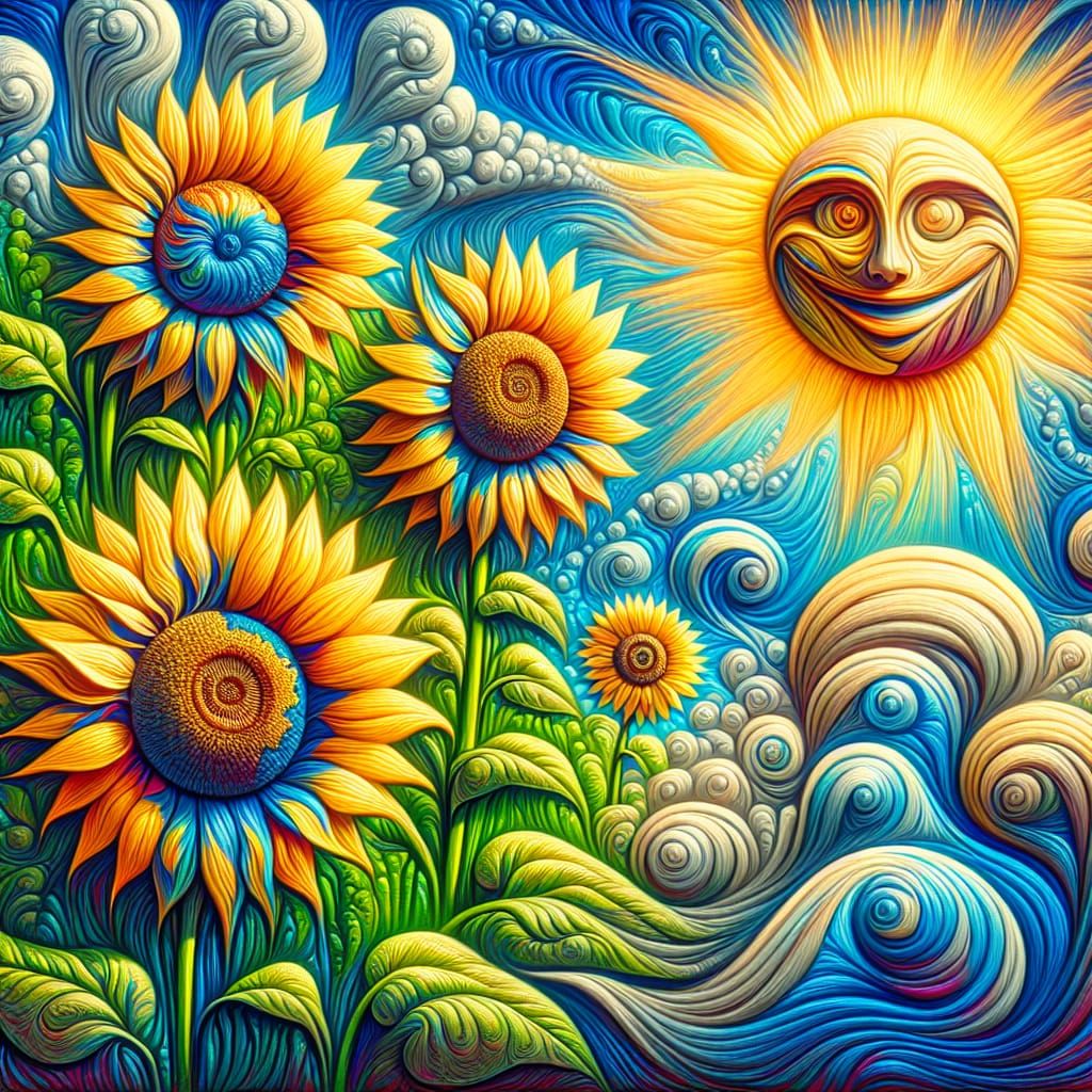 Psychedelic Smiling Sunflowers in Art Nouveau Style