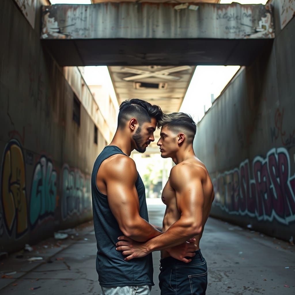 Gay Couple Under Urban Overpass in Realistic Style