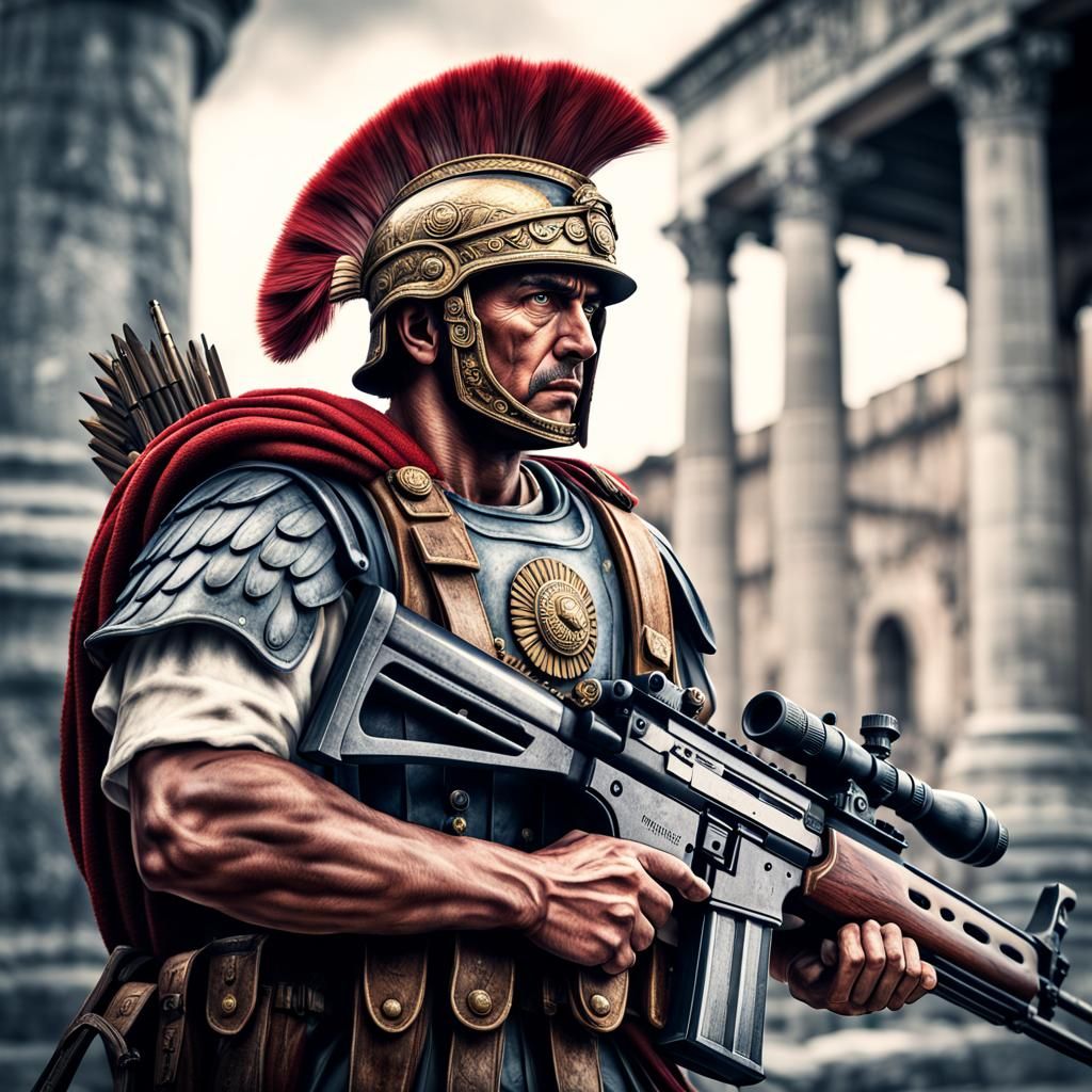 Roman Soldier with Assault Rifle: Hyperrealistic Image