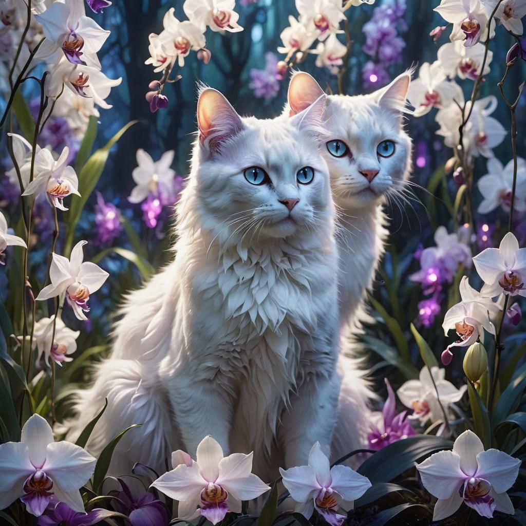 Ethereal Ghost Cat in Orchid Field: Digital Matte Painting