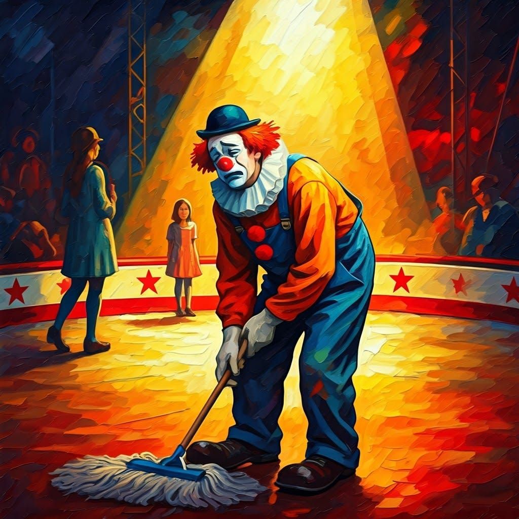 A Tragic Clown's Sorrowful Solitude in a Vibrant Circus Scen...