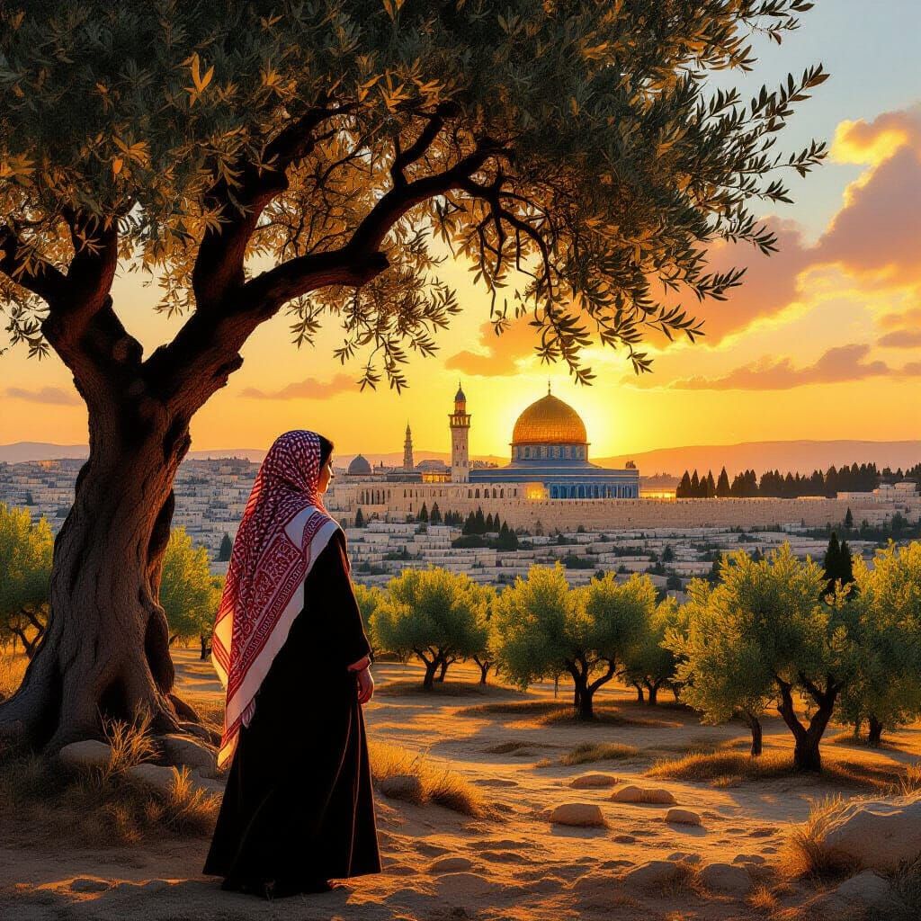 Olive Grove Sunset with Woman in Keffiyeh