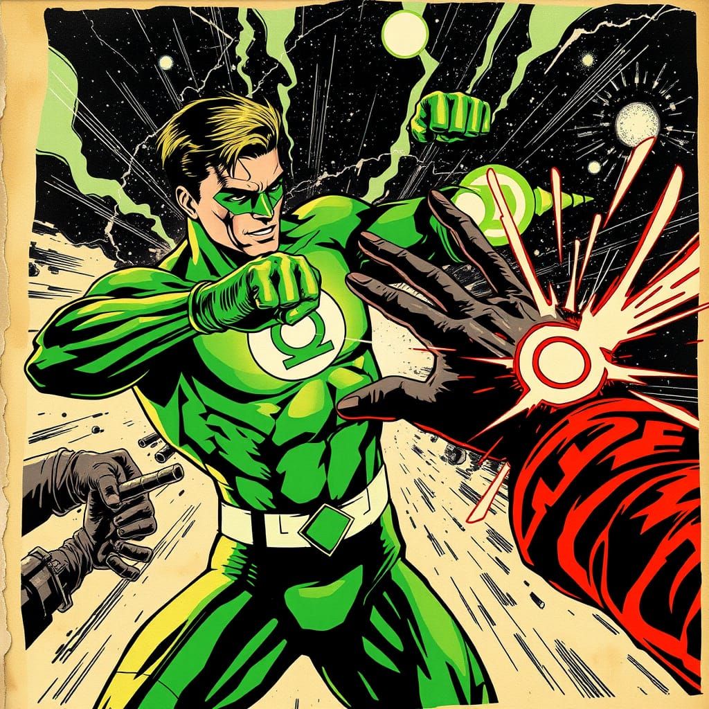 Green Lantern Fights Sinestro Corps in Vintage Comic Style