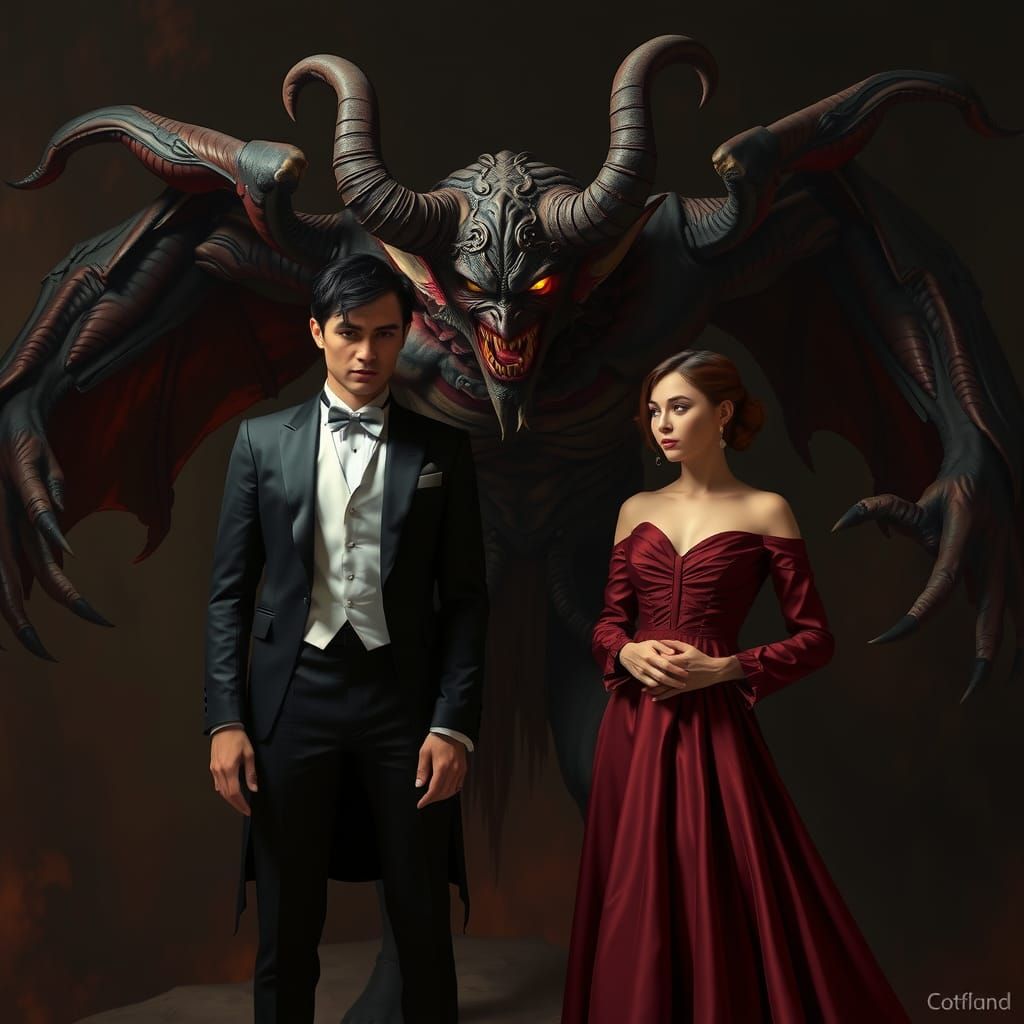 Tuxedoed Couple with Demon in Dark Fantasy Art
