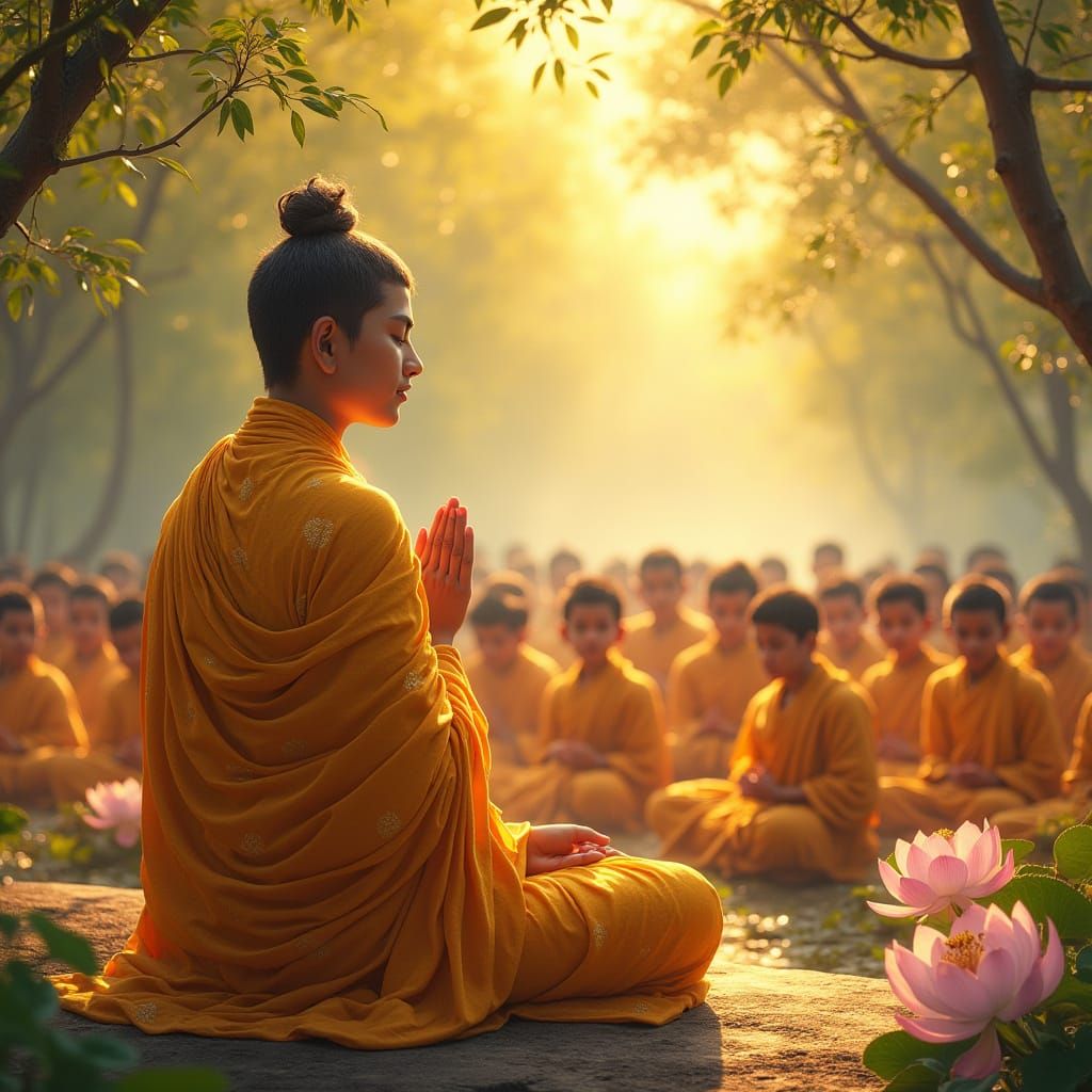 Young Indian Buddha in Radiant Saffron Robes with Serene Smi...