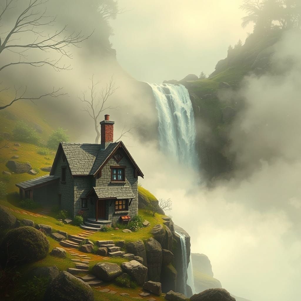 Whimsical Stone Cottage by Waterfall in Misty Landscape