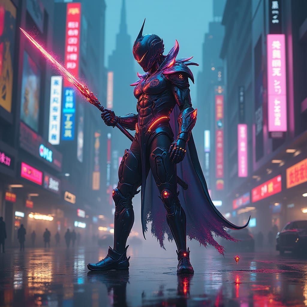 Cyborg Warrior in Cyberpunk Metropolis