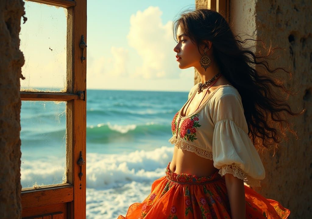 Bohemian Gypsy Woman Gazing at Sea: Oil Painting