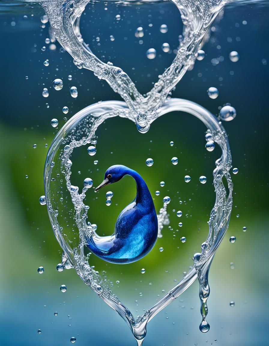 high quality, 8K Ultra HD, cascade of water splashes intertwining in perfect choreography, converging into a heart-shape...