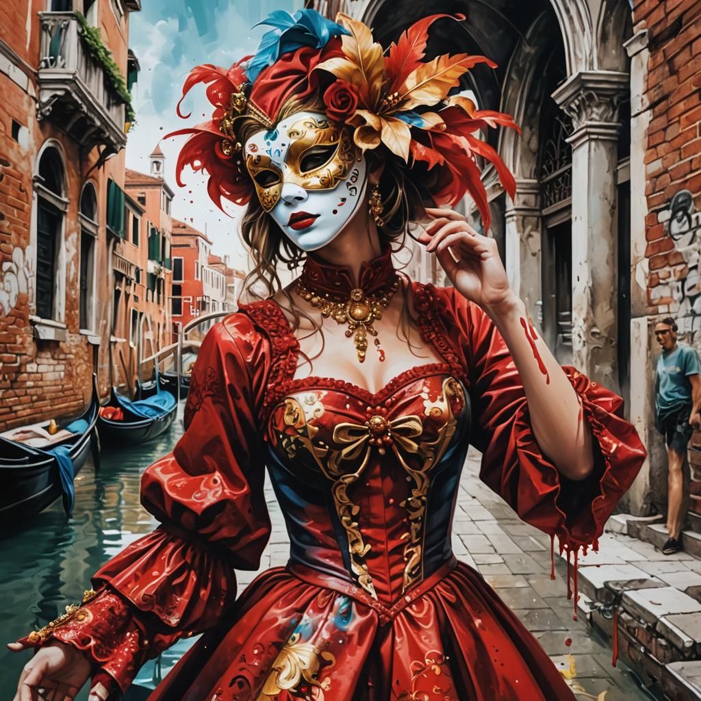 Lady in Red Venetian Mask: Graffiti Art Style