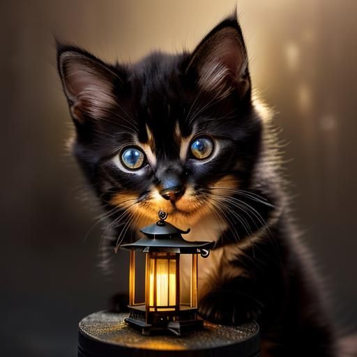 Steampunk Samurai Kitten in Misty Alleyway