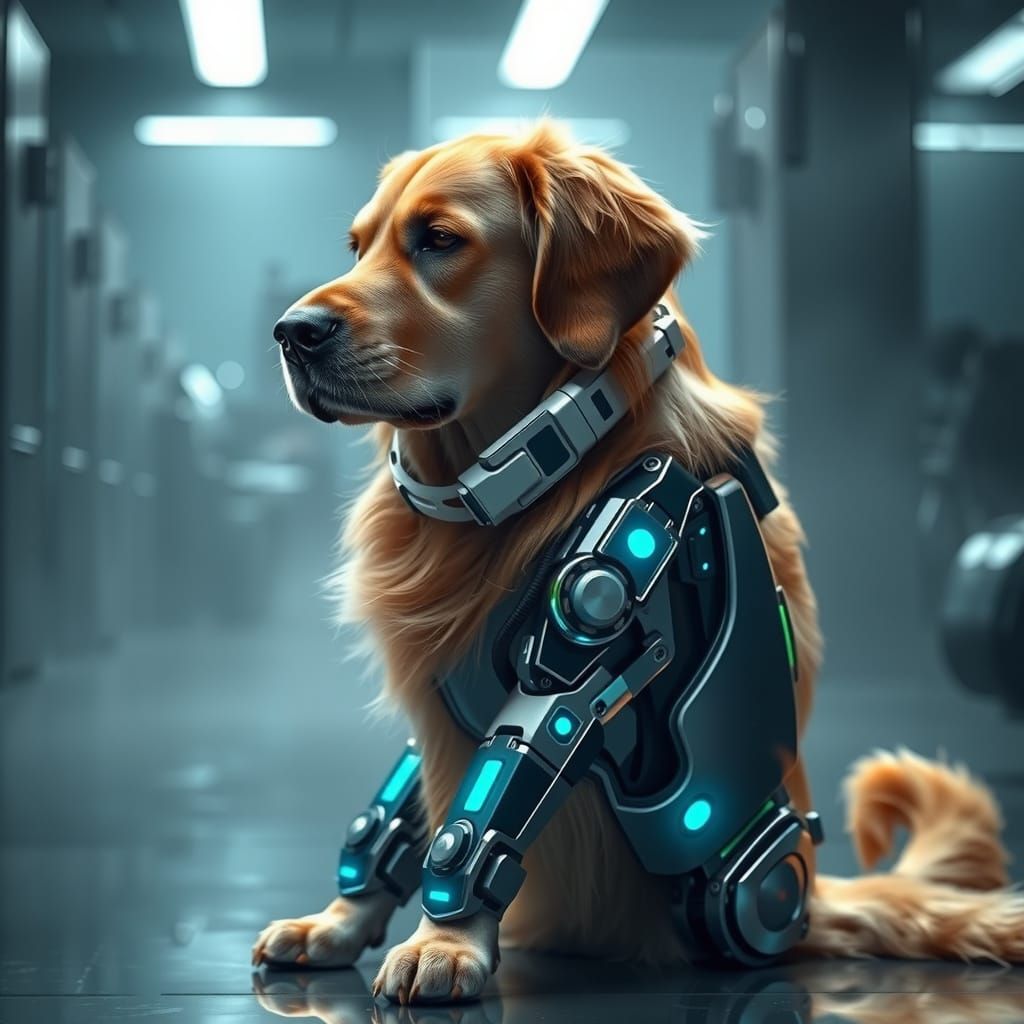 Golden Retriever in Futuristic Android Exoskeleton