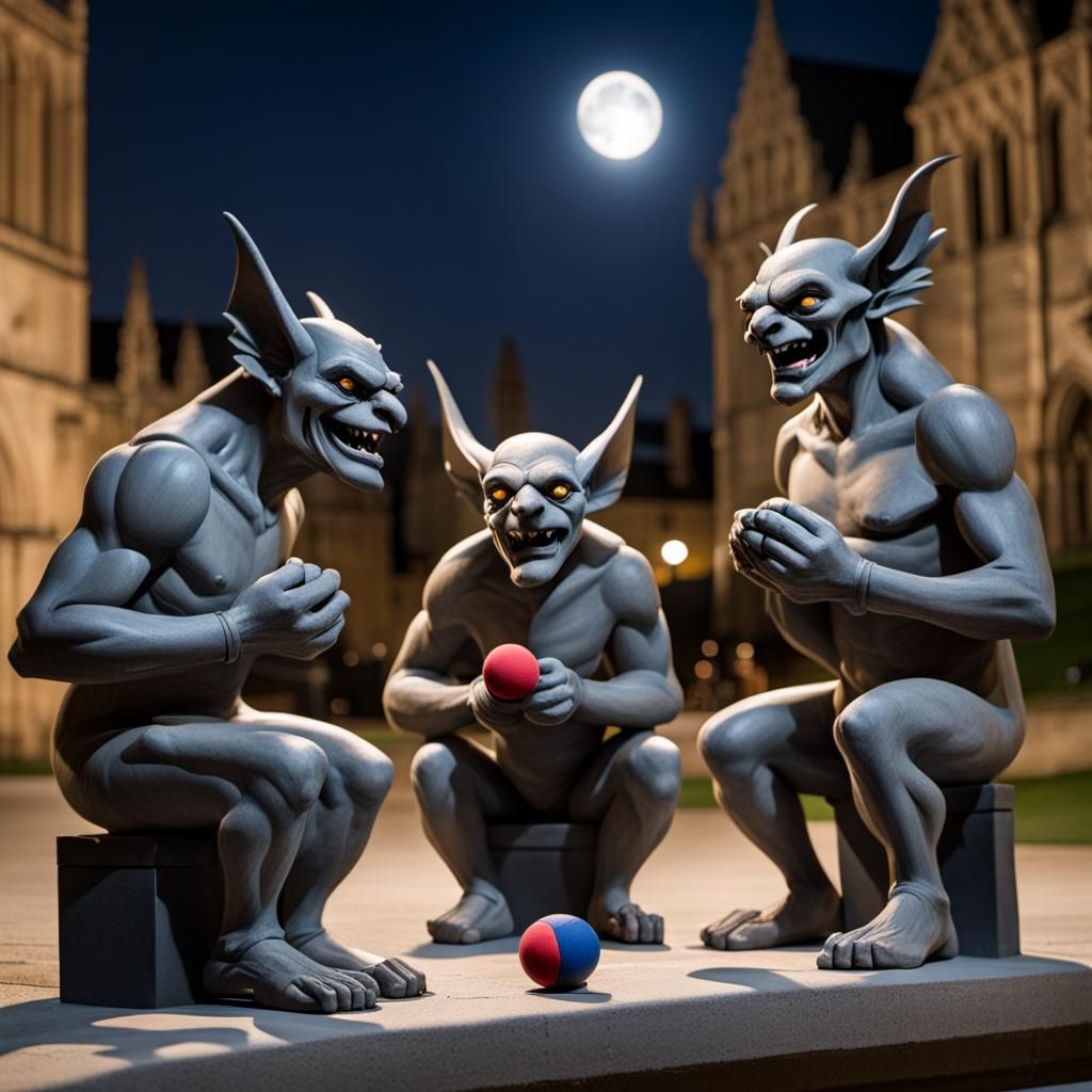 Gargoyles Play Bocce Ball at Night