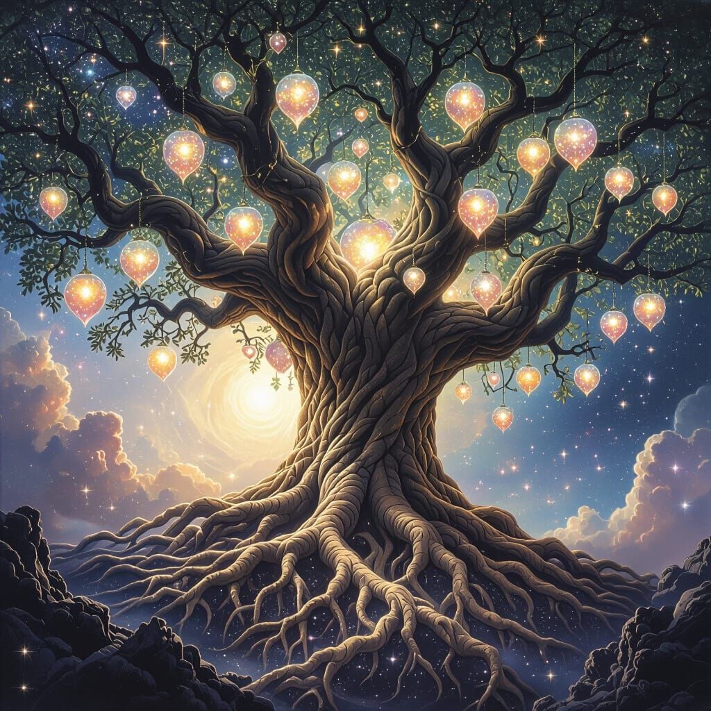 Nebula Tree: Crystalline Fruits in Cosmic Tapestry