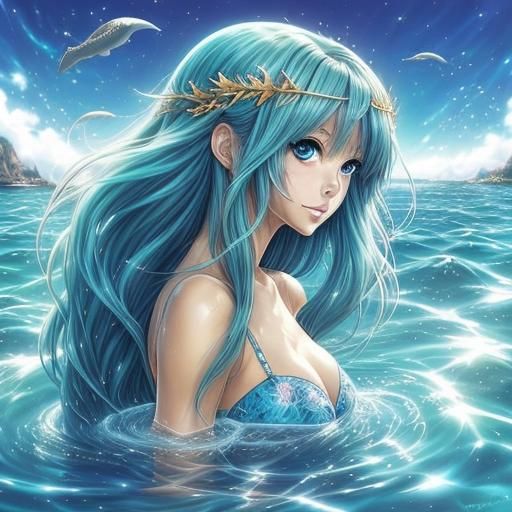 Anime Ocean Goddess with Flowing Hair