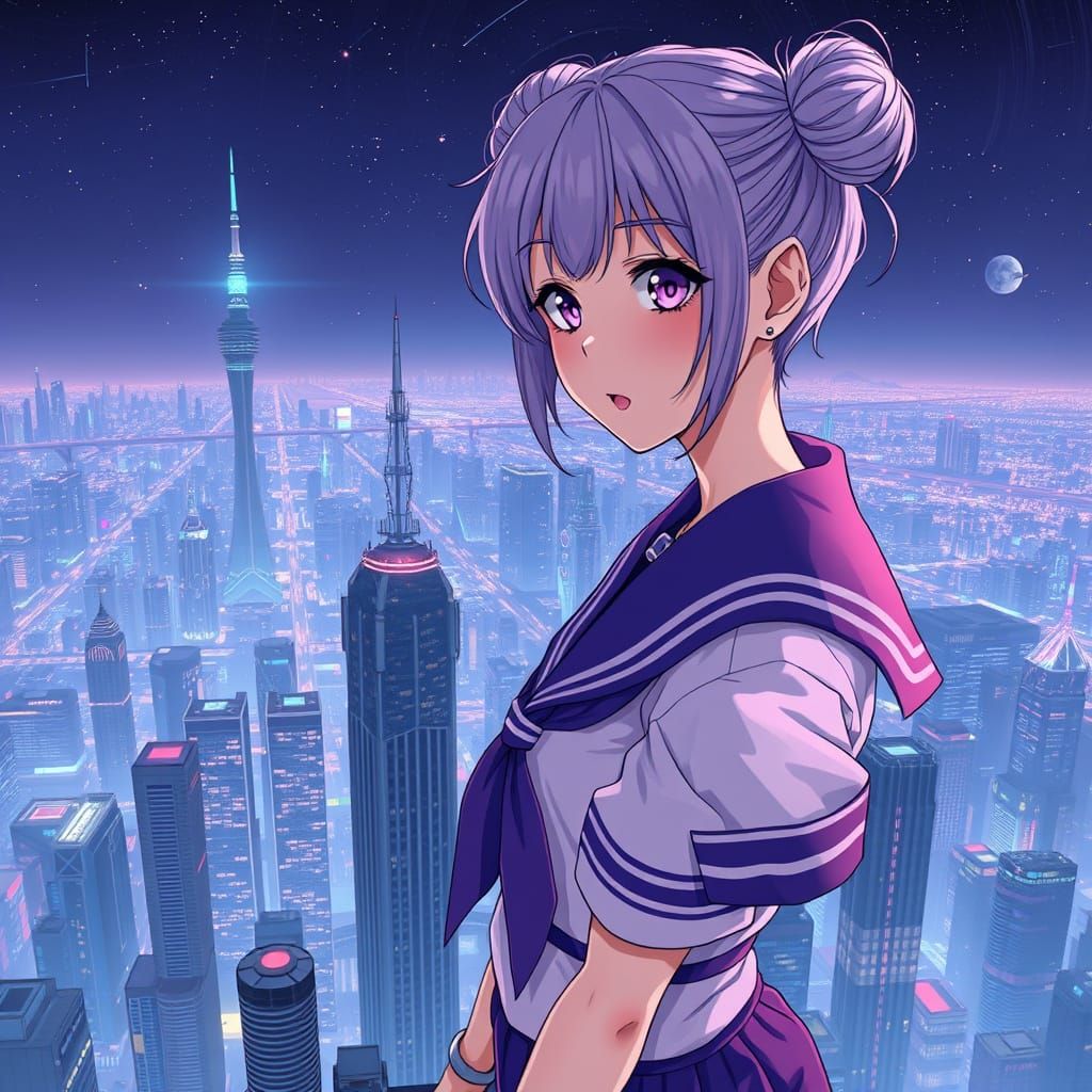 Anime Woman in Cyberpunk Cityscape Illustration