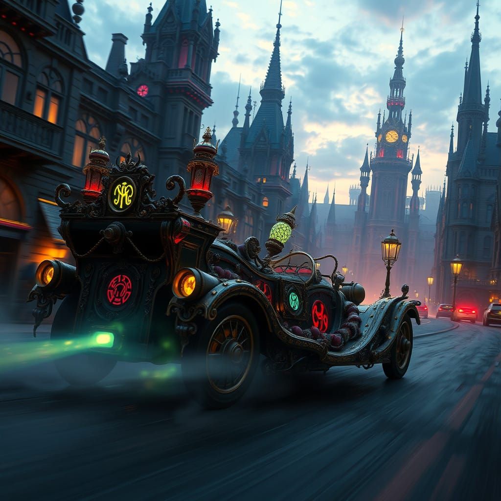 Ancient Automobile Speeds Through Steampunk Cityscape