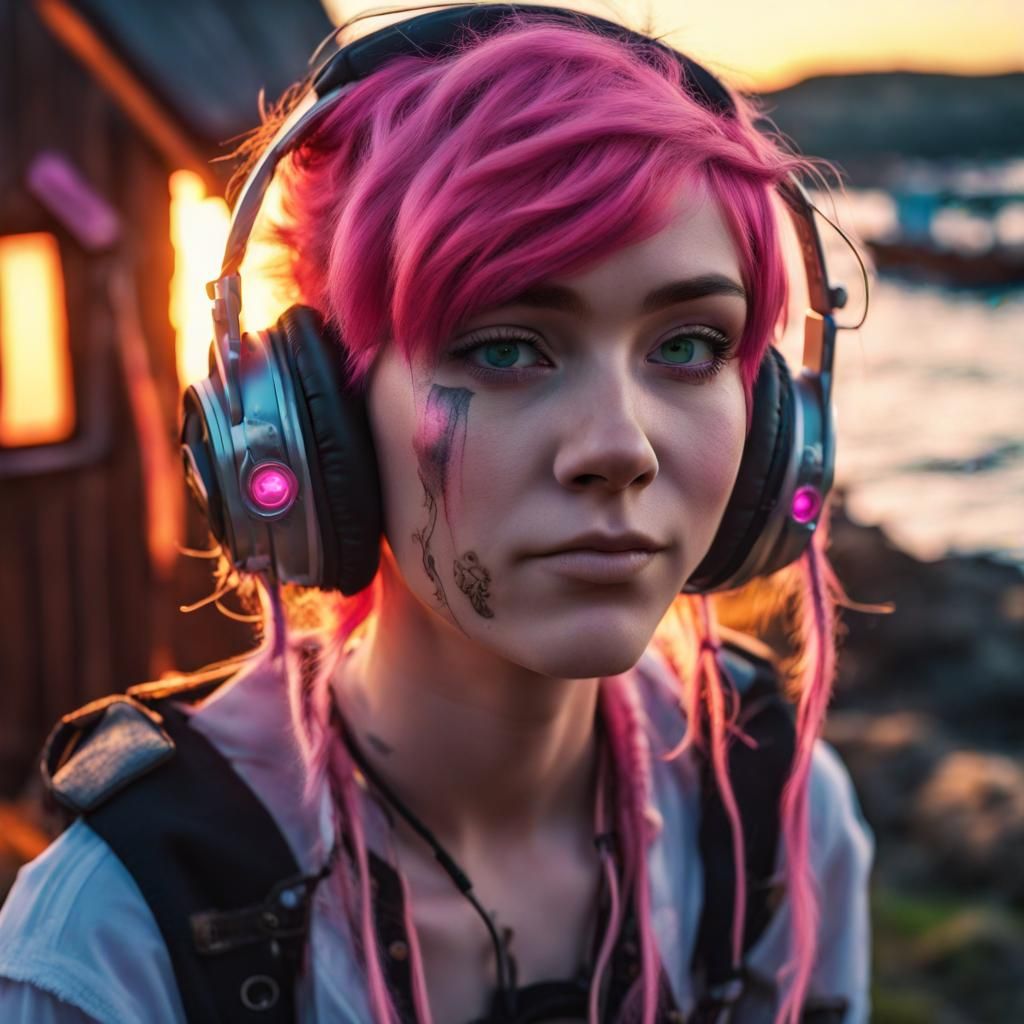 Anime Girl in Steampunk Village: Neon Punk Sunset