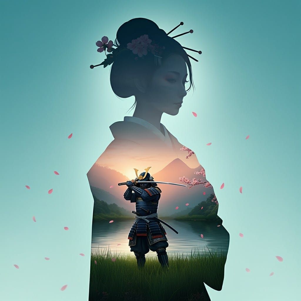 Geisha Silhouette with Cherry Blossoms and Samurai, Ukiyo-e ...