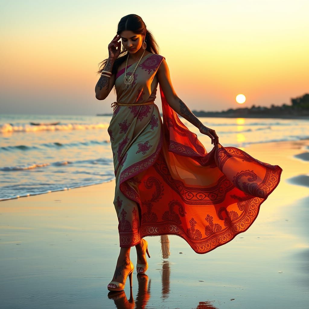 Indian Woman on Serene Shore at Sunset
