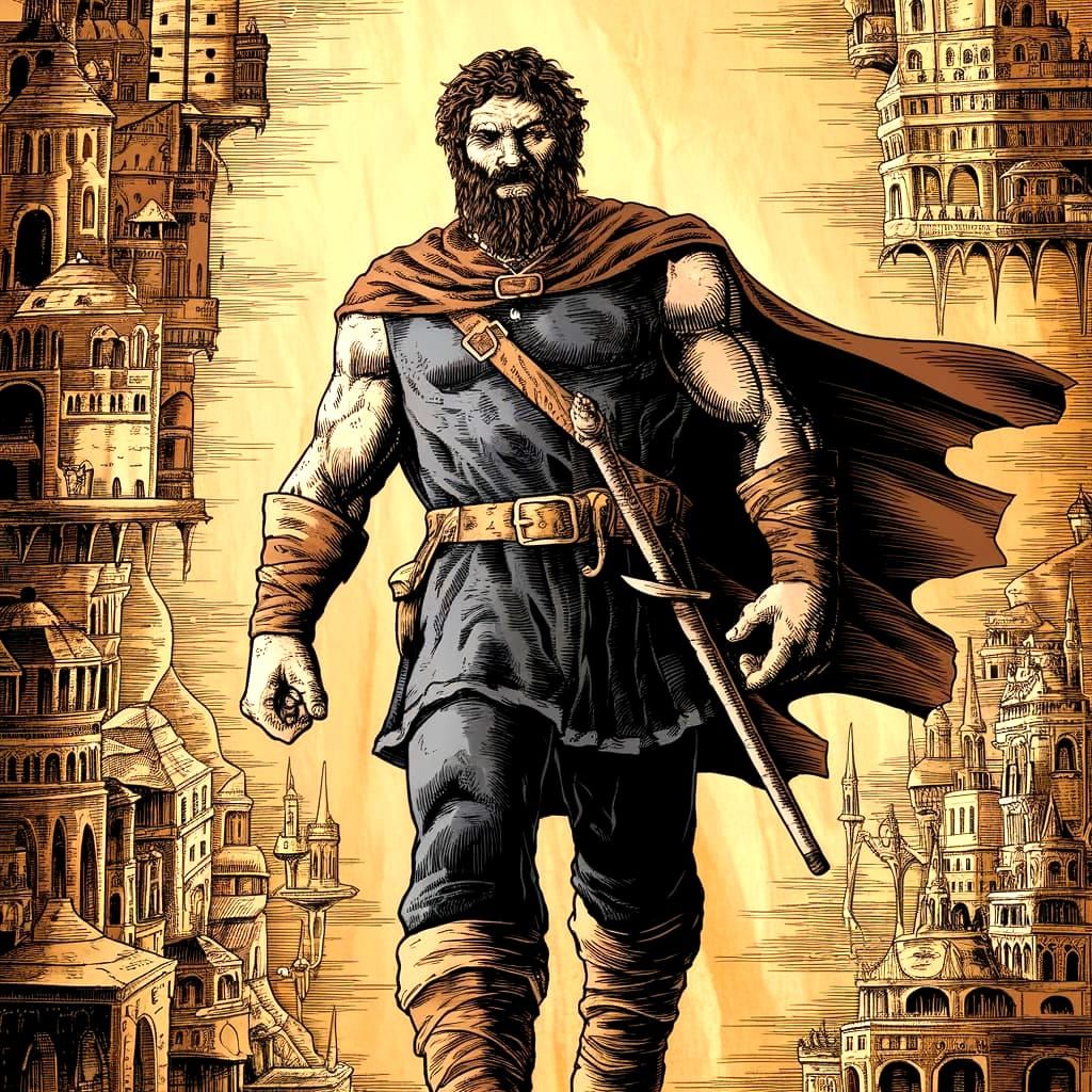 Mountain-Man Wizard in Woodcut Style, Floating City Backgrou...